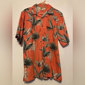 Joe Marlin SZ L vibrant Coral and Green Hawaiian Shirt cotton rayon mix